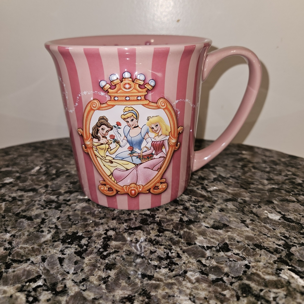 Disney Parks Pink Stripe Princess Belle Cinderella Sleeping Beauty Coffee Mug